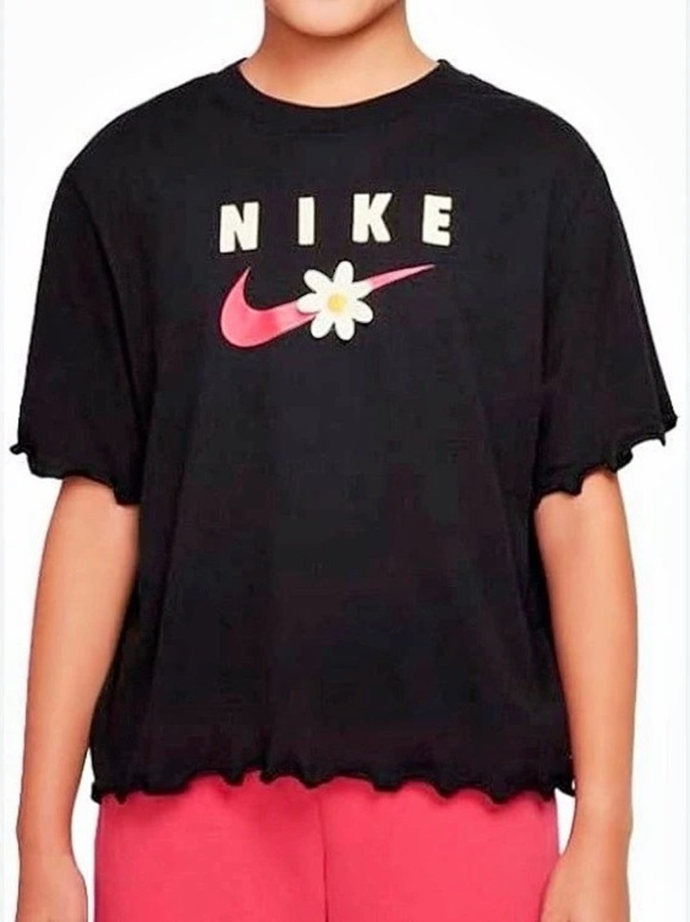 Nike Girls Teen Black T-Shirt Top Swoosh Daisy Flower Logo Large L Frilly Hem